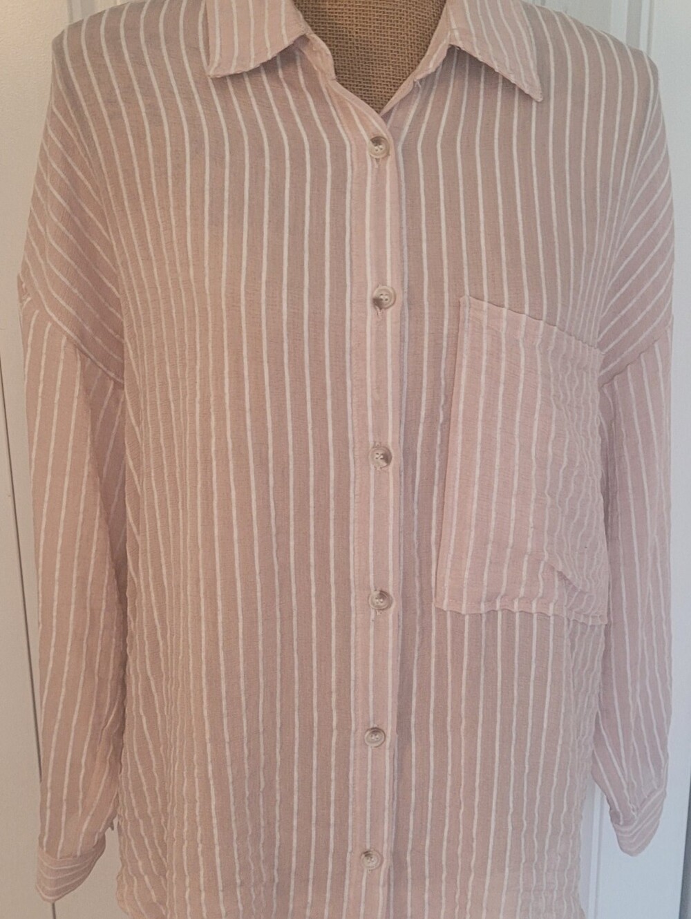 ACOA Brand Striped Lightweight Button-Up Neutral Top, EUC, Sz S, Lt Tan/Cream